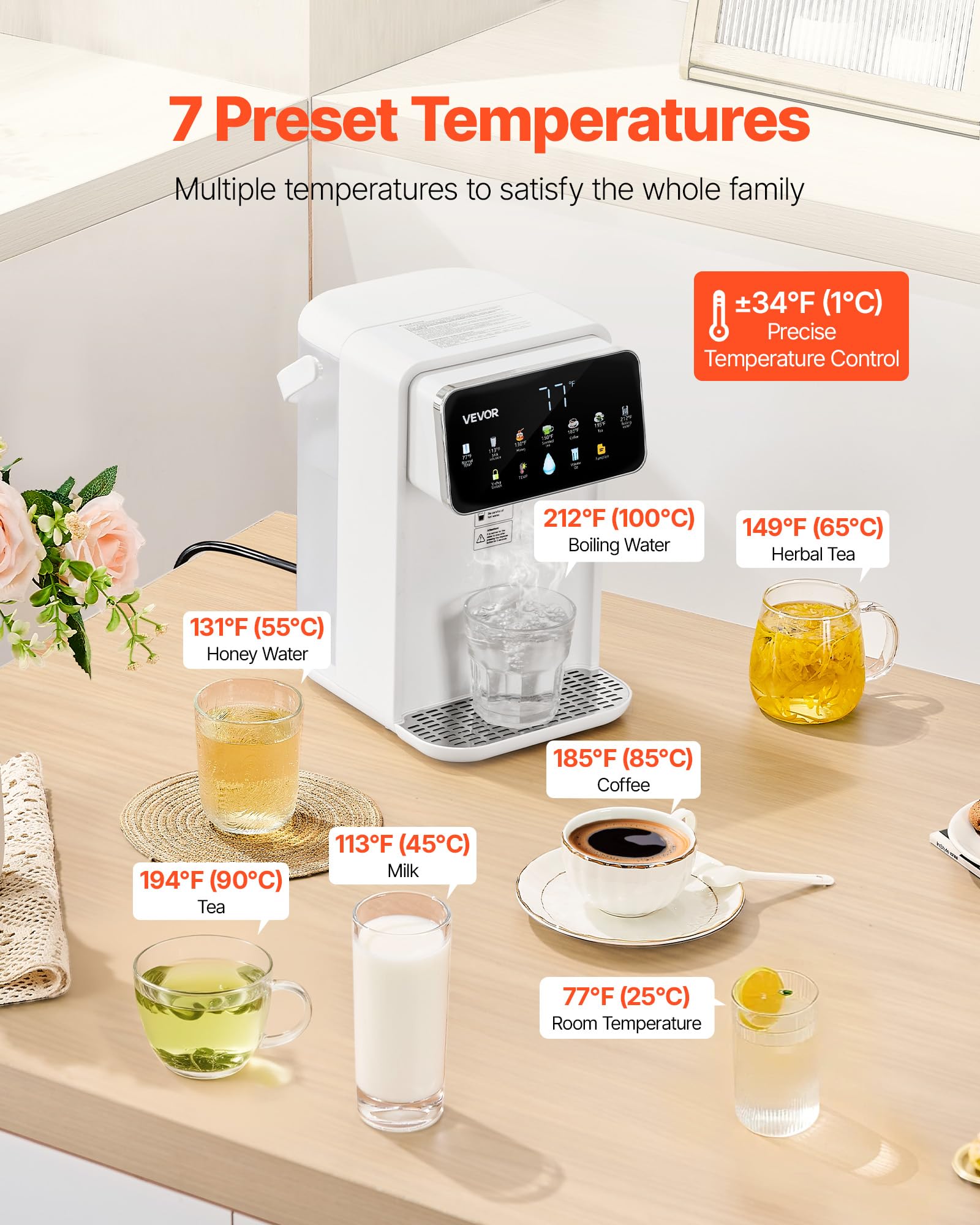 VEVOR Instant Hot Water Dispenser, Countertop Boiling Water Dispenser with Adjustable 7 Temperatures & 7 Water Volumes, 118oz Re
